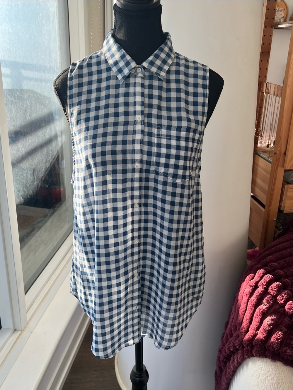 Hollister Blue & White Gingham Sleeveless Button-Down Shirt-Excellent Condition